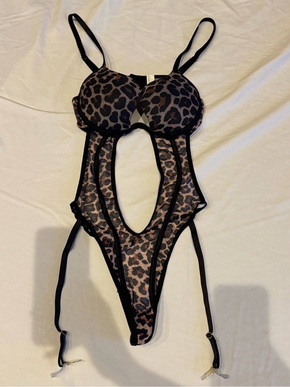 Vintage Leopard Print Sheer Plunge Bodysuit - Black/Brown